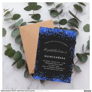 Quinceanera black royal blue luxury party invitation