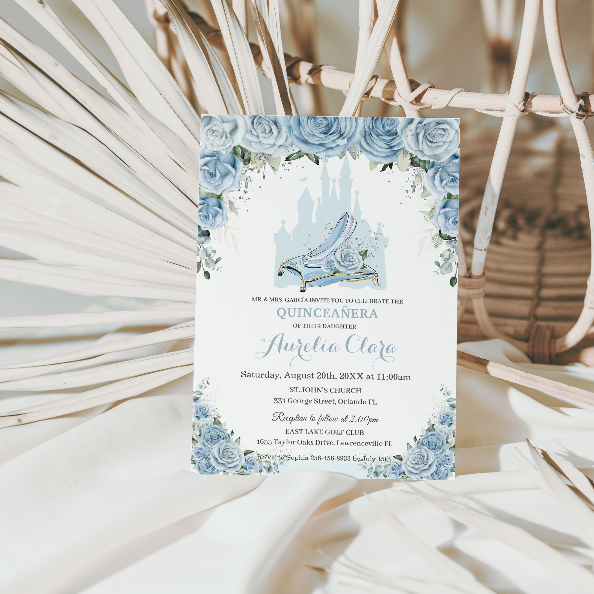 Quincea?era Blue Floral Princess Castle Glass Shoe Invitation
