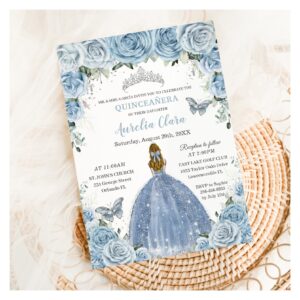 Quincea?era Blue Floral Silver Butterflies Blonde Invitation