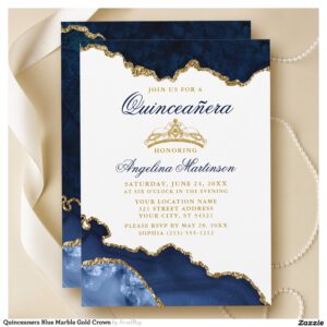 Quinceanera Blue Marble Gold Crown Invitation