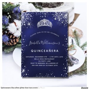 Quinceanera blue silver glitter dust tiara crown invitation
