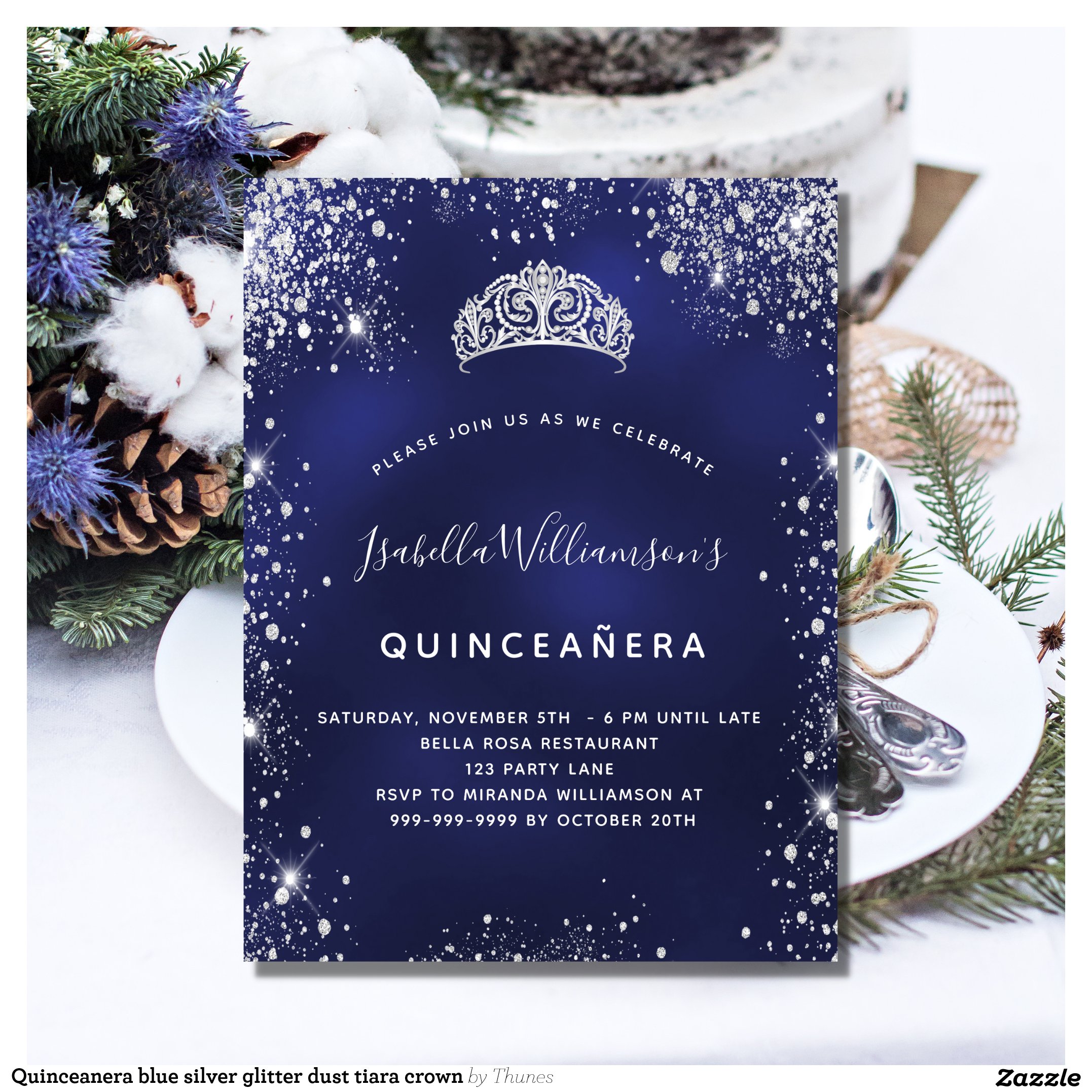 Quinceanera blue silver glitter dust tiara crown invitation postcard