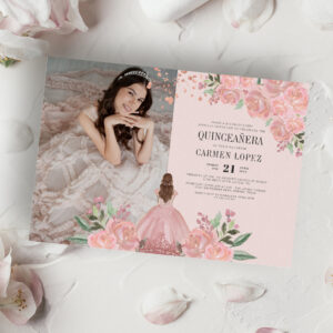 Quincea?era Blush Ping Gold Floral Princess Photo Invitation
