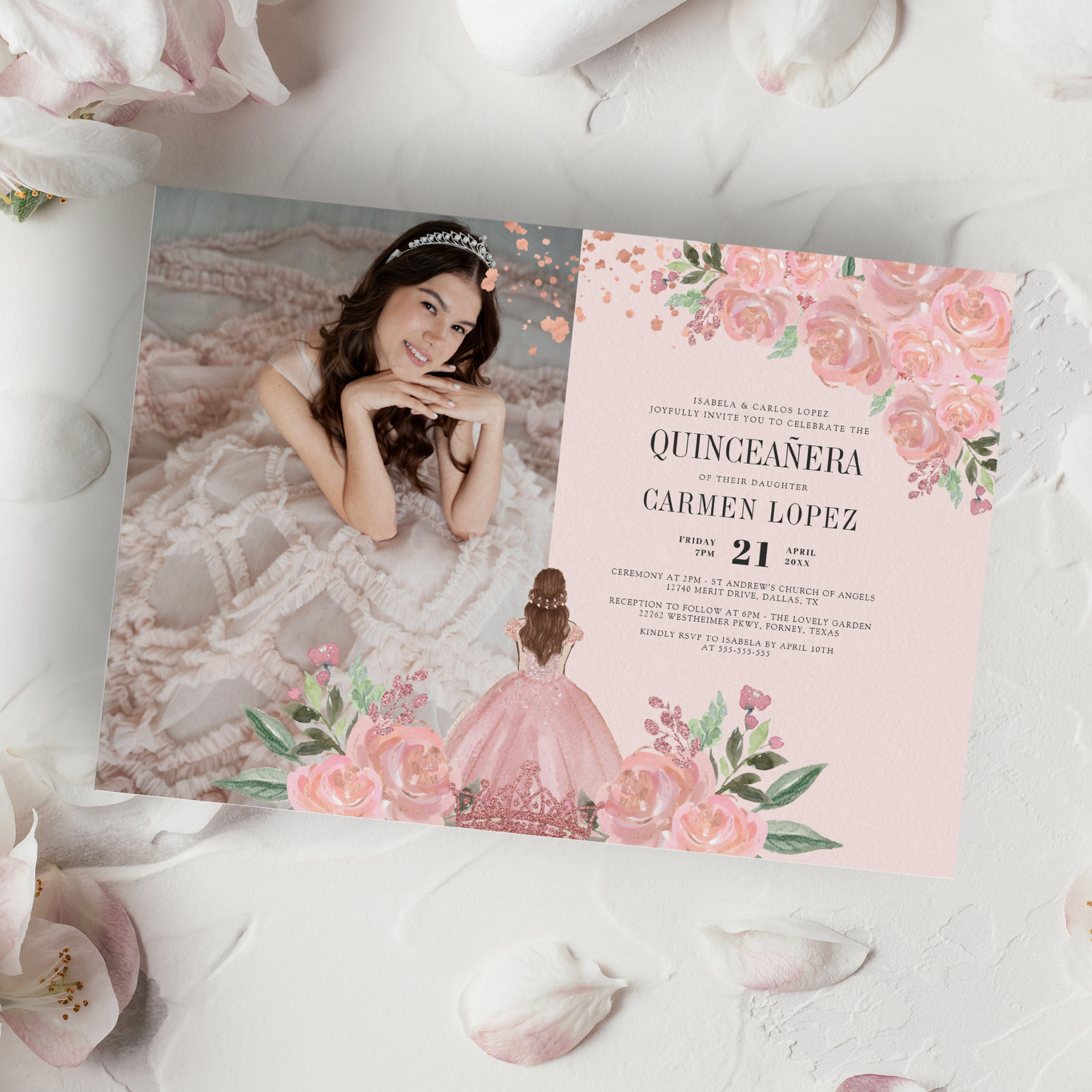 Quincea?era Blush Ping Gold Floral Princess Photo Invitation