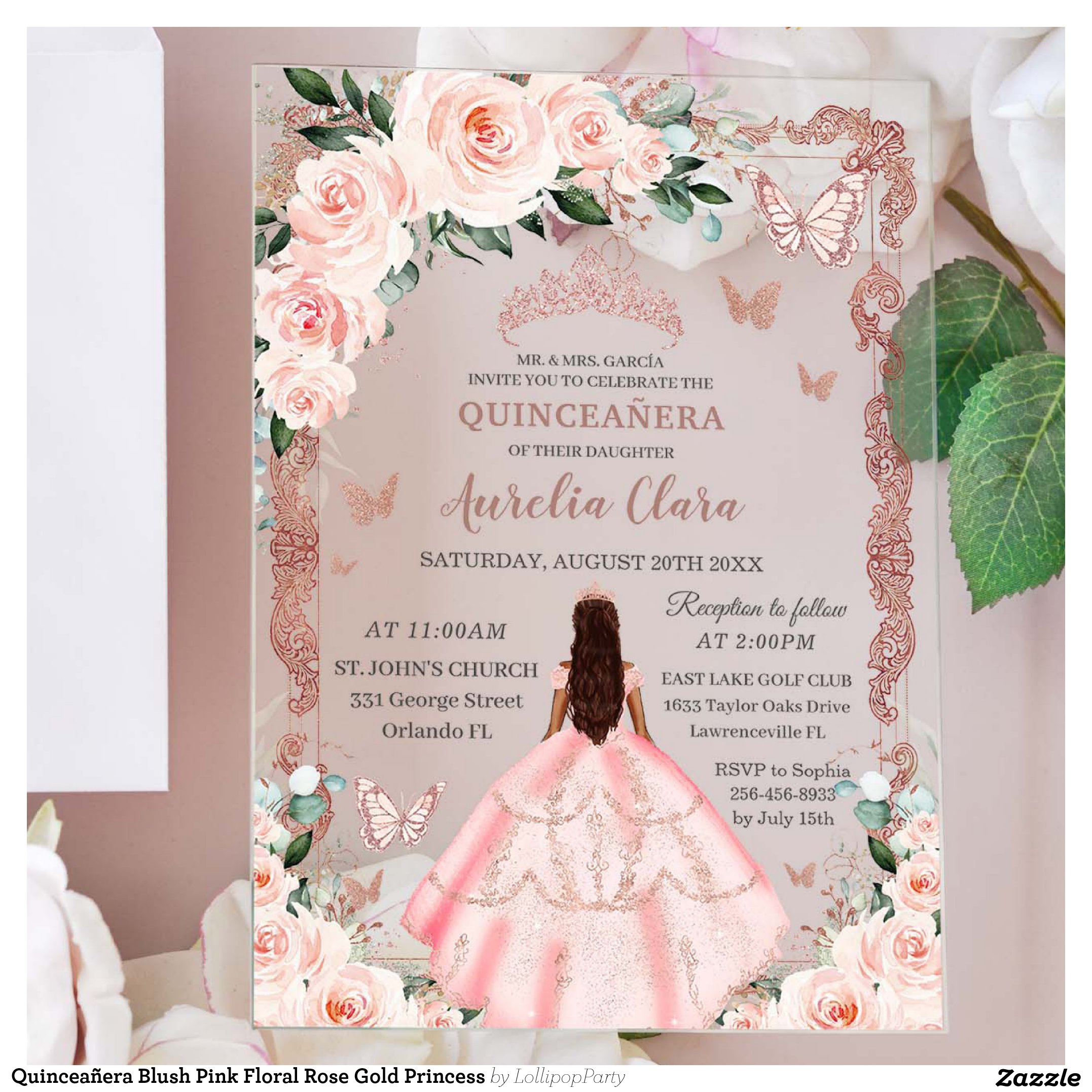 Quincea?era Blush Pink Floral Rose Gold Princess Acrylic Invitations