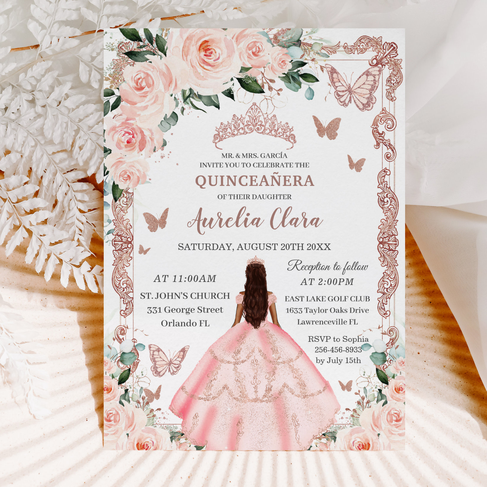 Quincea?era Blush Pink Floral Rose Gold Princess Invitation