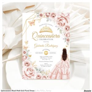 Quinceanera Blush Pink Gold Floral Dress Invitation