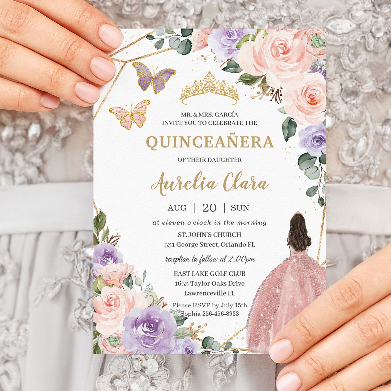 Quincea?era Blush Pink Lilac Purple Floral 16th Invitation