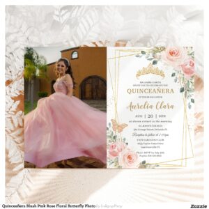 Quincea?era Blush Pink Rose Floral Butterfly Photo Invitation