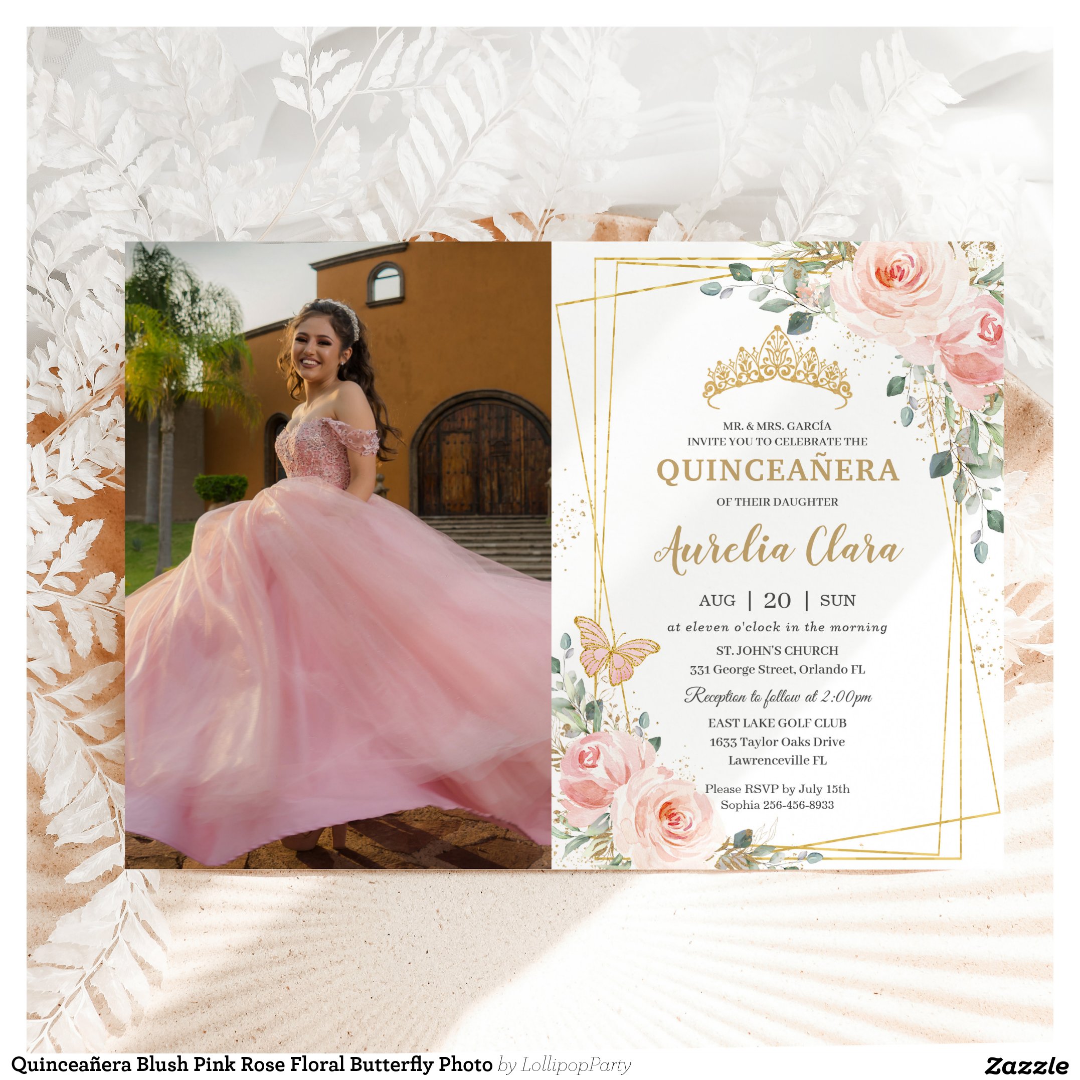 Quincea?era Blush Pink Rose Floral Butterfly Photo Invitation