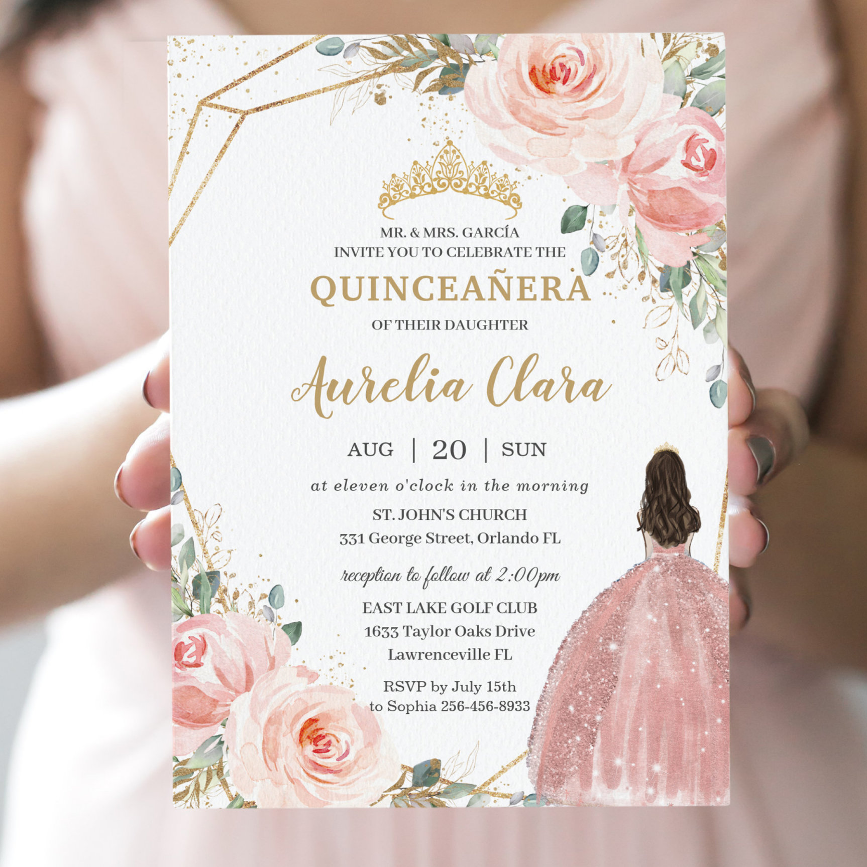 Quincea?era Blush Pink Rose Floral Mis Quince Anos Invitation