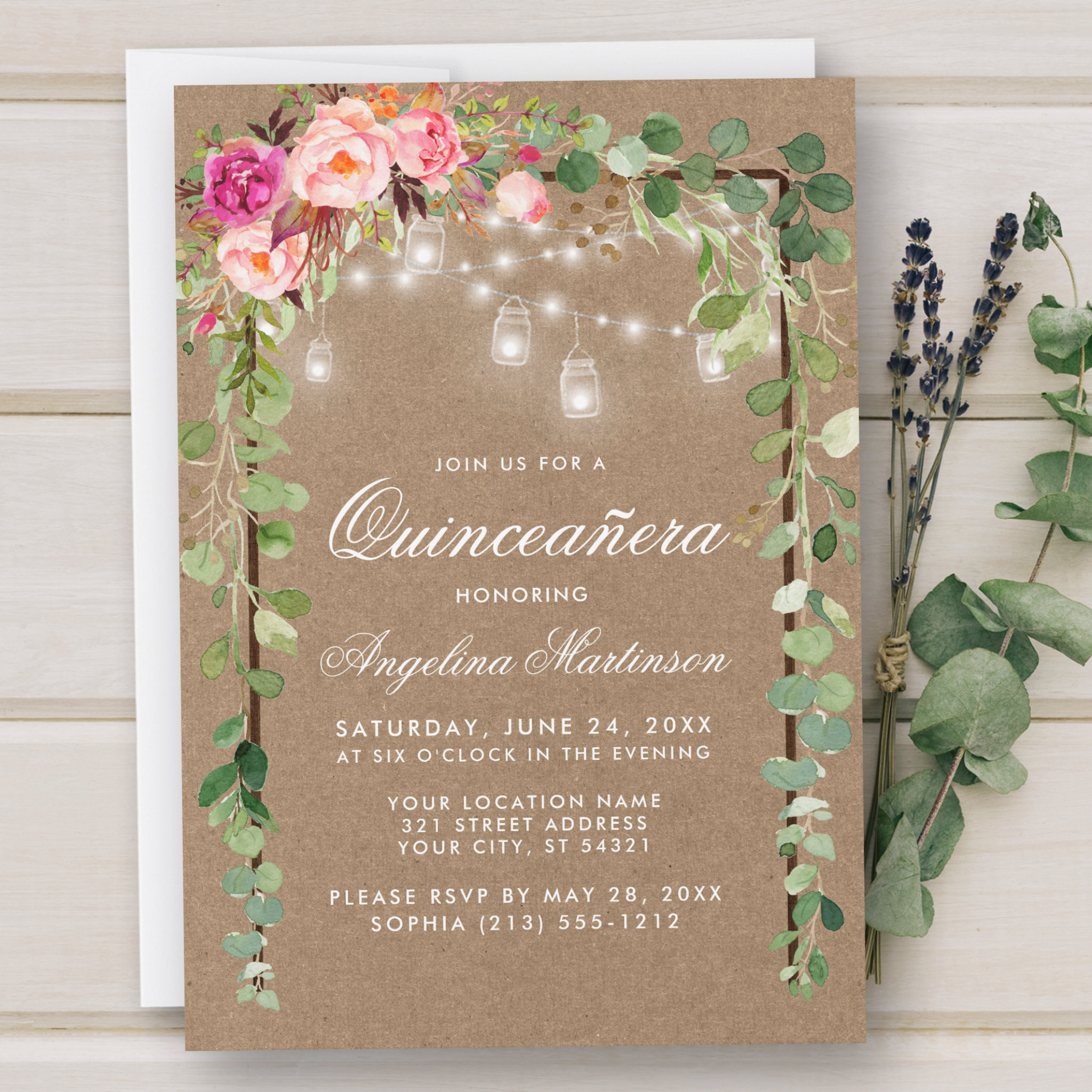 Quinceanera Botanical Green Pink Floral Wood Kraft Invitation