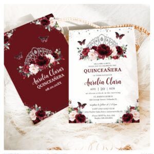 Quincea?era Burgundy Blush Floral Silver Crown Invitation