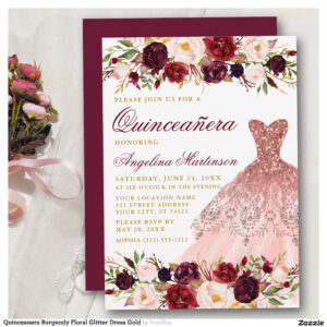 Quinceanera Burgundy Floral Glitter Dress Gold Invitation