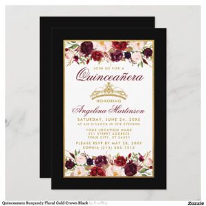 Quinceanera Burgundy Floral Gold Crown Black Invitation