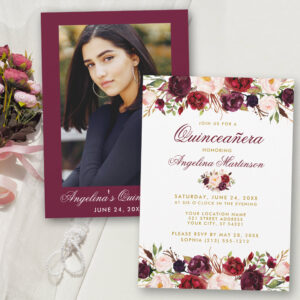 Quinceanera Burgundy Floral Gold Photo Invitation