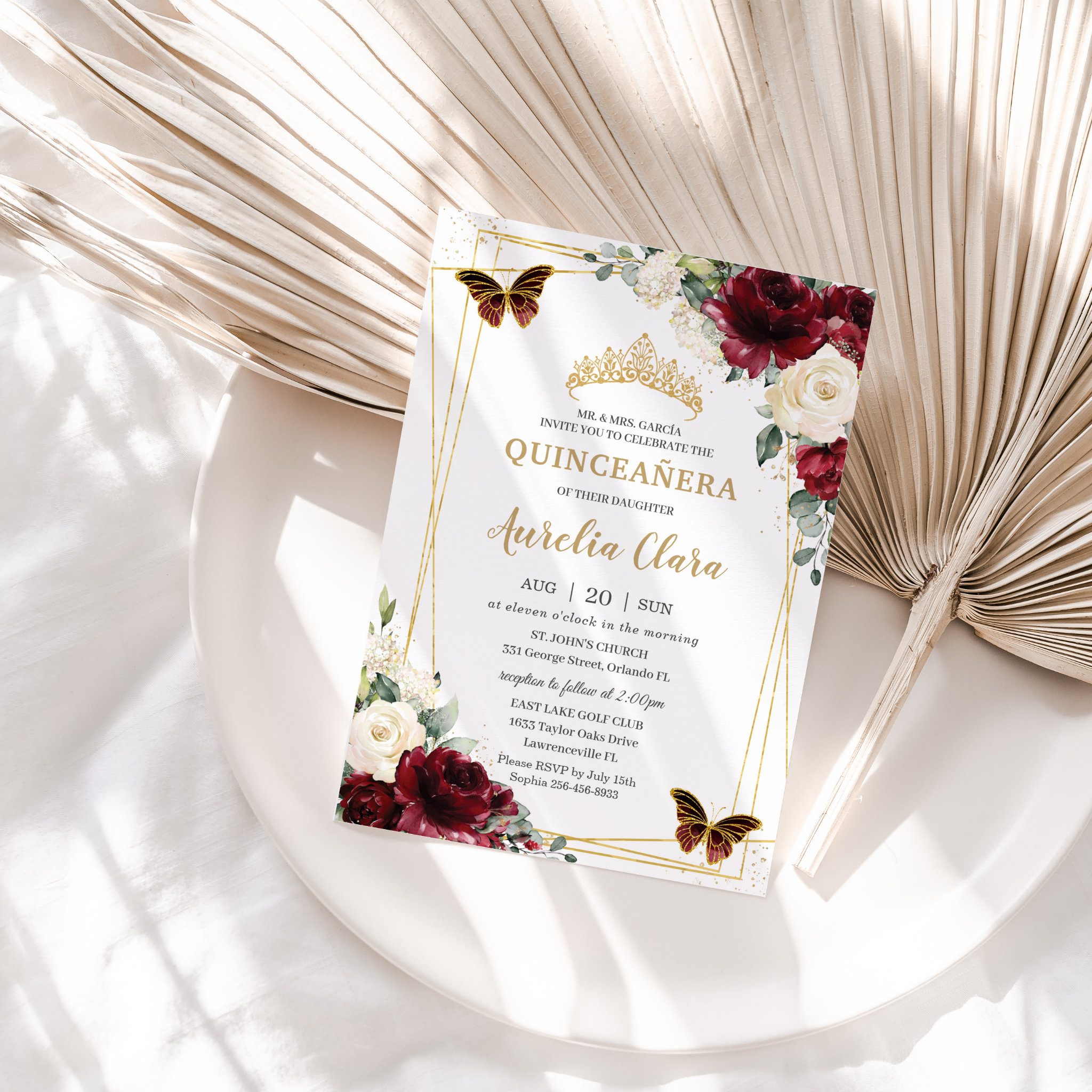 Quincea?era Burgundy Ivory White Floral Butterfly Invitation