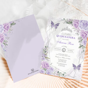 Quincea?era Butterfly Purple Lilac Silver Floral Invitation