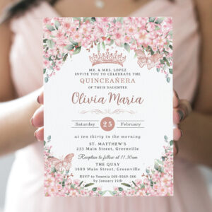 Quincea?era Cherry Blossoms Rose Gold Butterflies Invitation