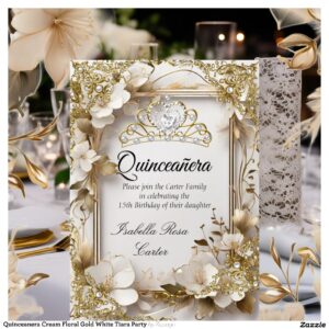 Quinceanera Cream Floral Gold White Tiara Party Invitation