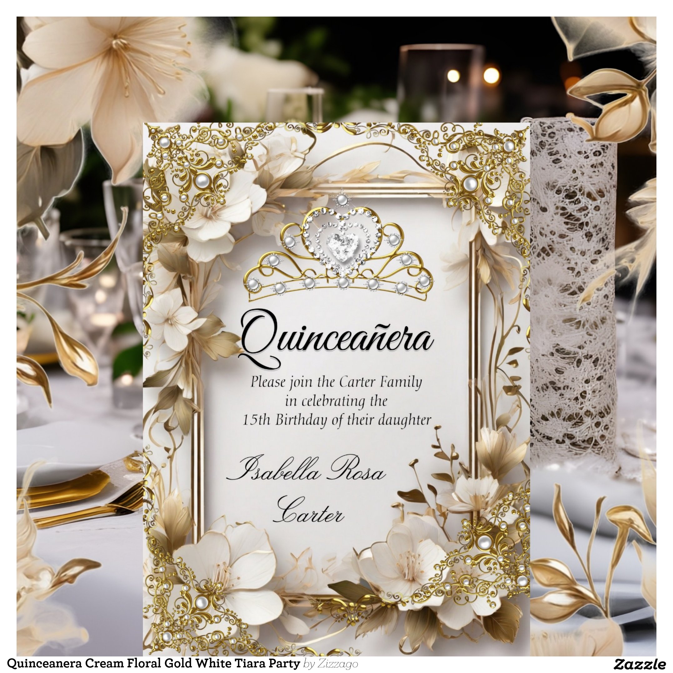 Quinceanera Cream Floral Gold White Tiara Party Invitation