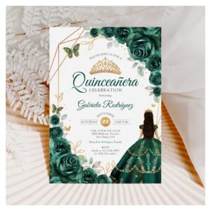 Quinceanera Emerald Green Dress Gold Invitation