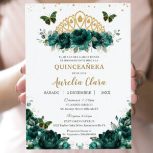 Quincea?era Emerald Green Floral Crown Espa?ol Invitation