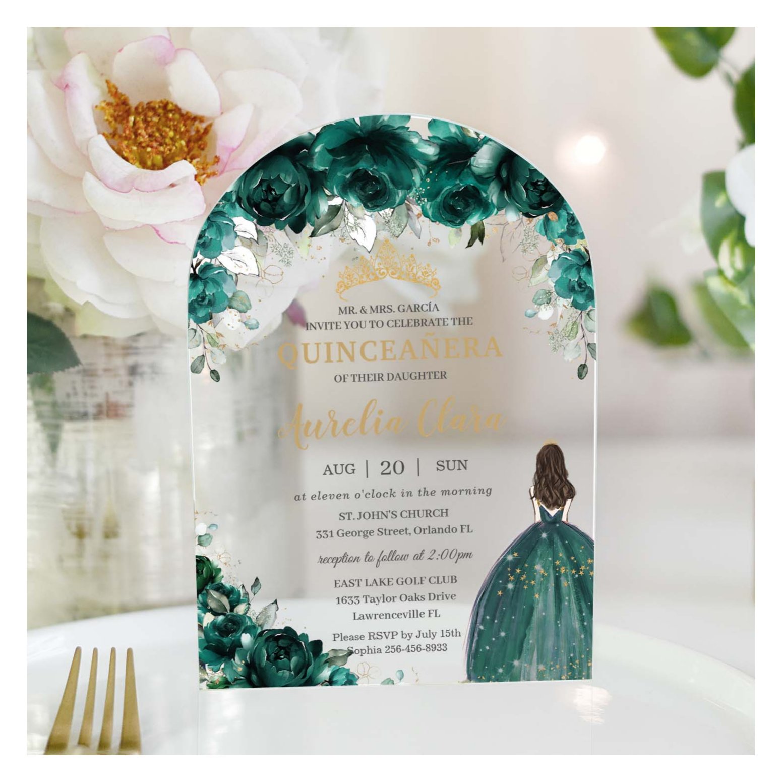 Quincea?era Emerald Green Floral Dress Gold Arch Acrylic Invitations