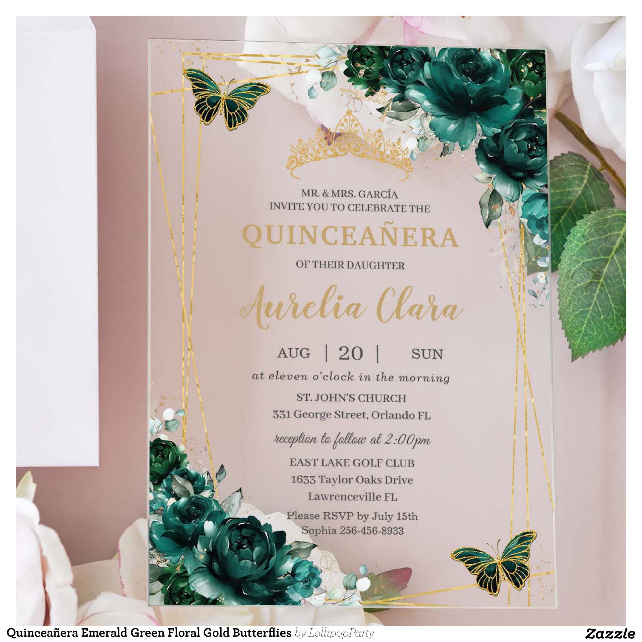 Quincea?era Emerald Green Floral Gold Butterflies Acrylic Invitations
