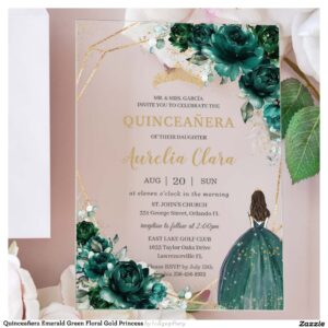 Quincea?era Emerald Green Floral Gold Princess Acrylic Invitations