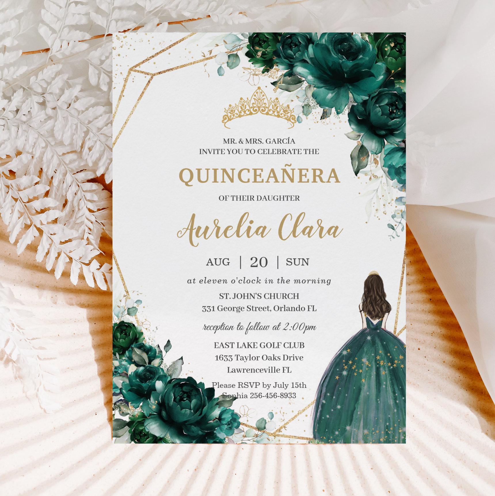 Quincea?era Emerald Green Floral Gold Princess Inv Invitation