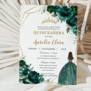 Quincea?era Emerald Green Floral Princess Espa?ol Invitation
