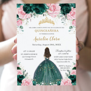 Quincea?era Emerald Green Pink Floral Princess Invitation