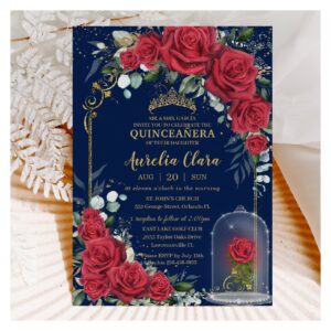 Quincea?era Enchanted Red Roses Floral Navy Blue Invitation