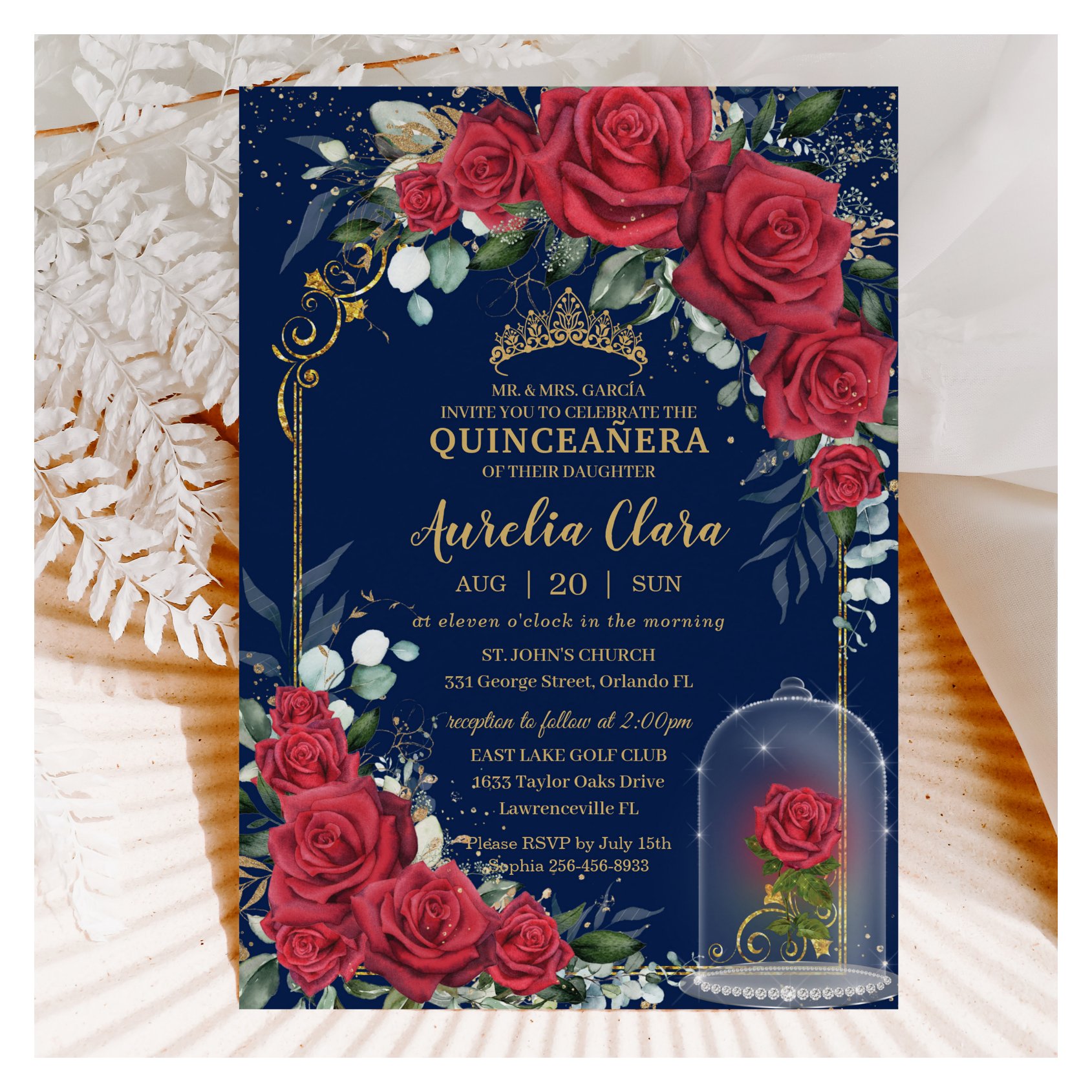 Quincea?era Enchanted Red Roses Floral Navy Blue Invitation