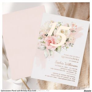 Quinceanera Floral 15th Birthday Rose Gold Foil Invitation