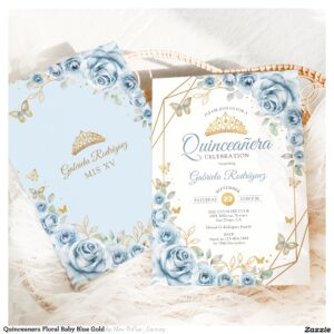 Quinceanera Floral Baby Blue Gold Invitation