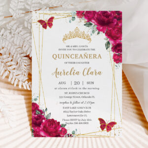Quincea?era Fuchsia Pink Floral Butterflies Tiara Invitation