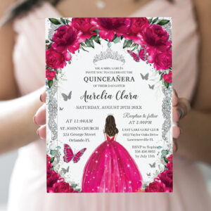 Quincea?era Fuchsia Pink Floral Vintage Silver Invitation