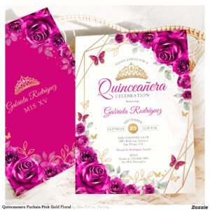 Quinceanera Fuchsia Pink Gold Floral Invitation