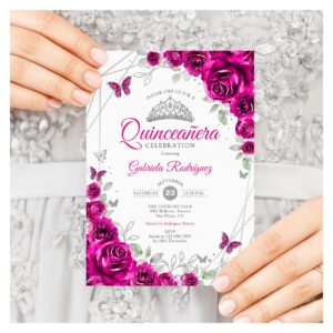 Quinceanera Fuchsia Pink Silver Floral Invitation