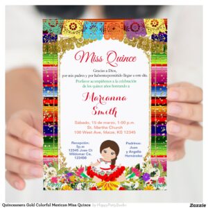 Quinceanera Gold Colorful Mexican Miss Quince Invitation