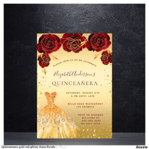Quinceanera gold red glitter dress florals invitation
