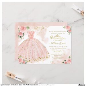 Quinceanera Invitation Gold Foil Pink Blush Gown