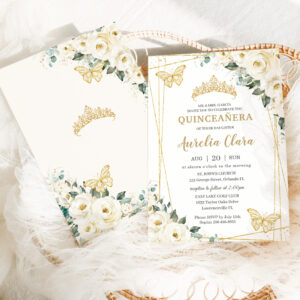 Quincea?era Ivory White Floral Butterflies Crown Invitation