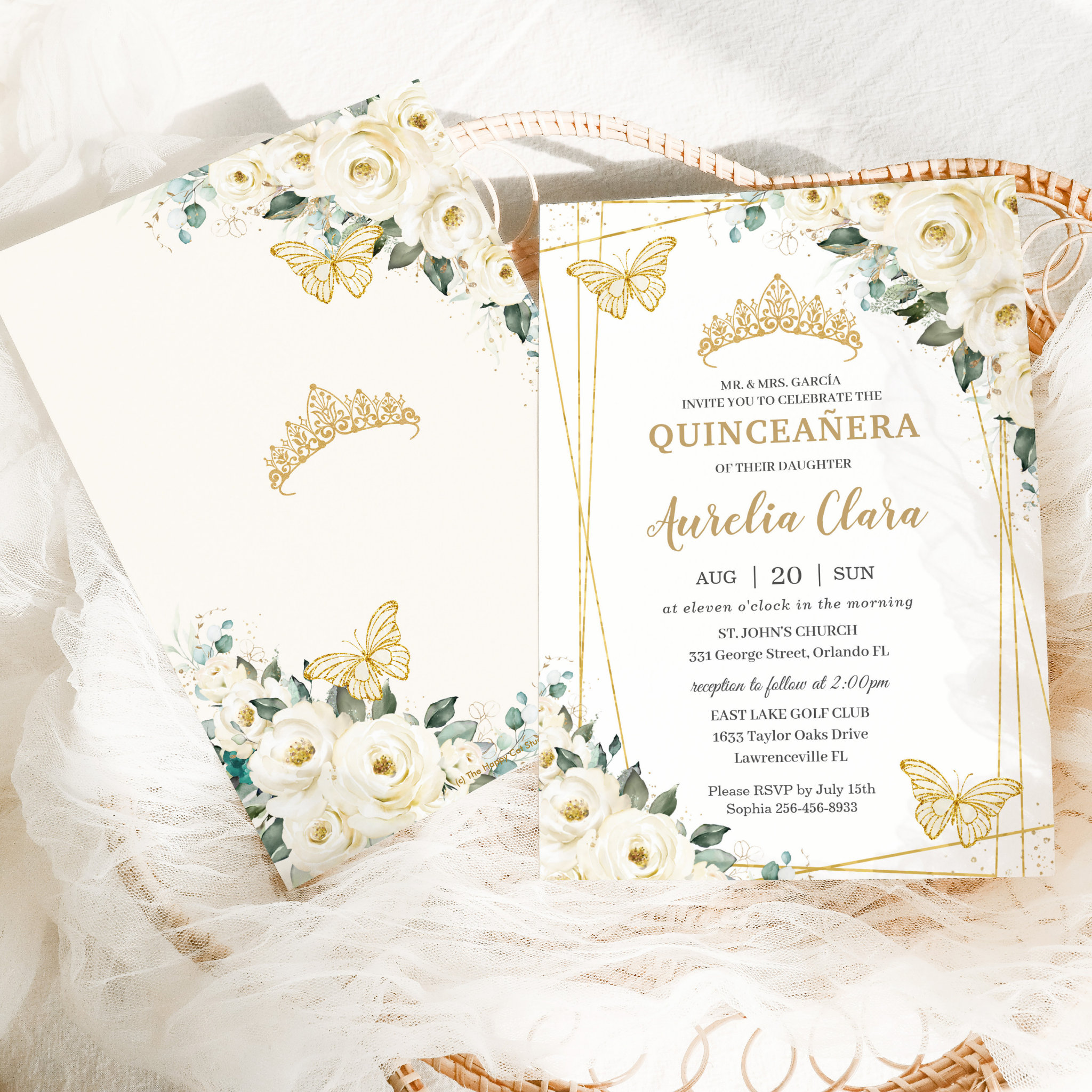 Quincea?era Ivory White Floral Butterflies Crown Invitation