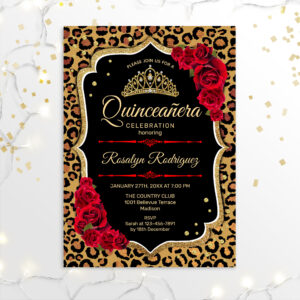Quinceanera - Leopard Print Gold Red Invitation