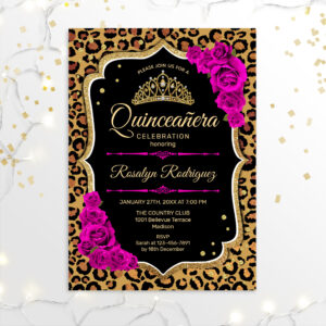 Quinceanera - Leopard Print Gold Red Pink Invitation