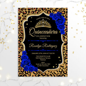 Quinceanera - Leopard Print Gold Royal Blue Invitation