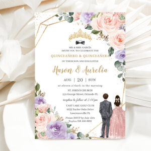 Quincea?era Lilac Blush Floral Twins Boy Girl Invitation